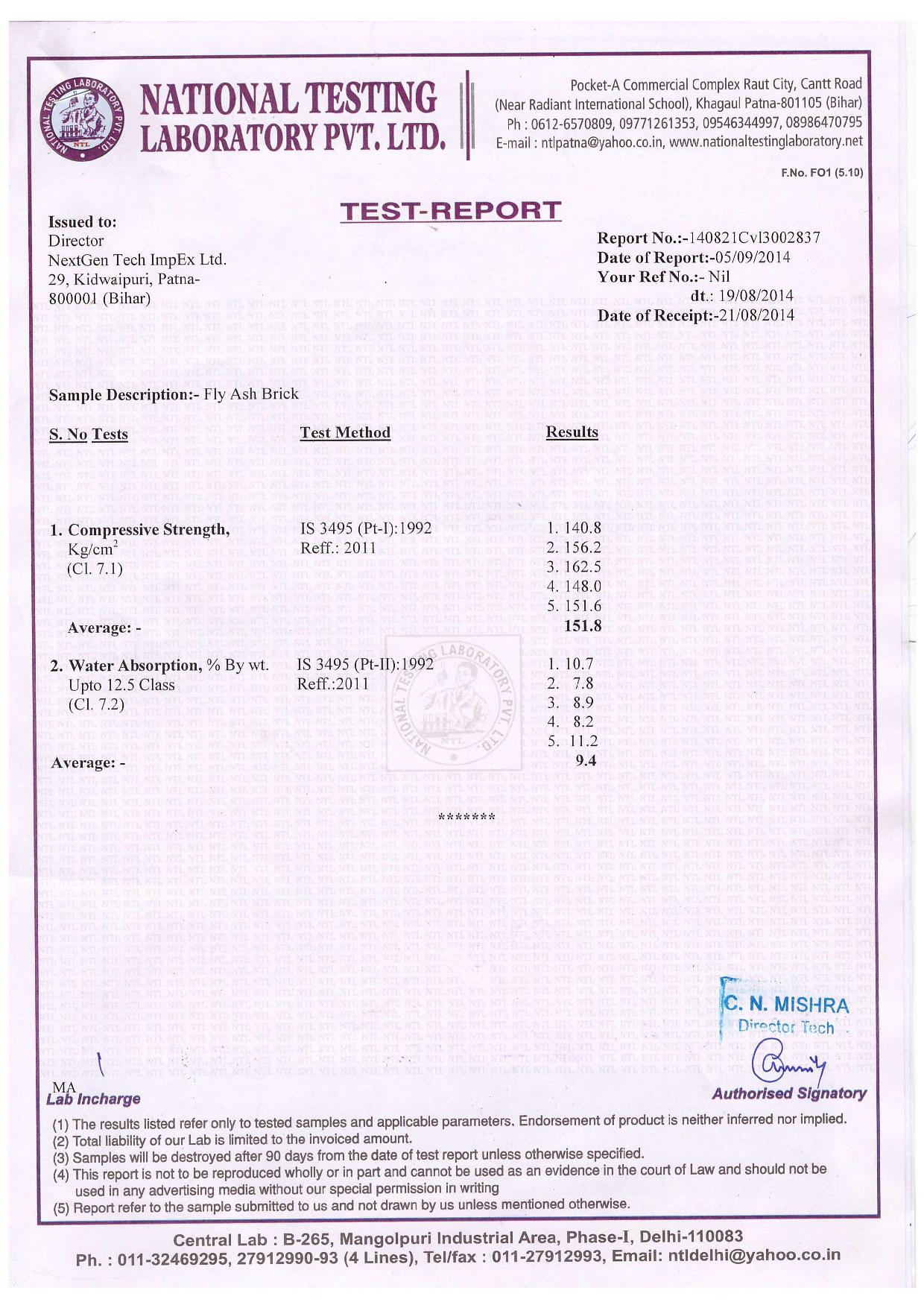 National Testing Certificate | Nextgen tech impex ltd | 